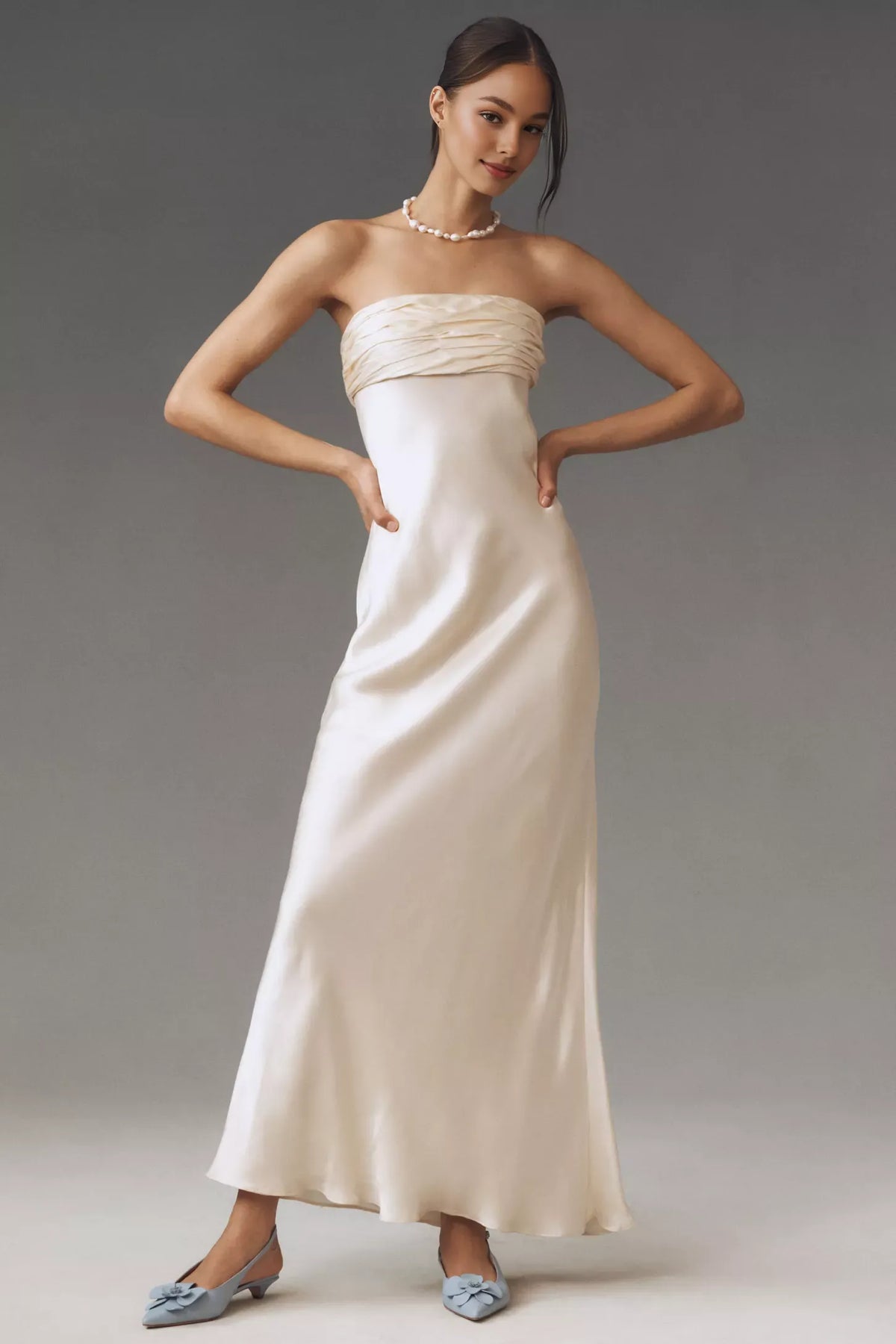 Dress Strapless Ruched Satin Maxi Dress Simple Back Zip Sleeveless Prom Dress