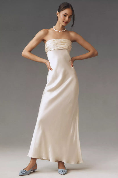 Dress Strapless Ruched Satin Maxi Dress Simple Back Zip Sleeveless Prom Dress