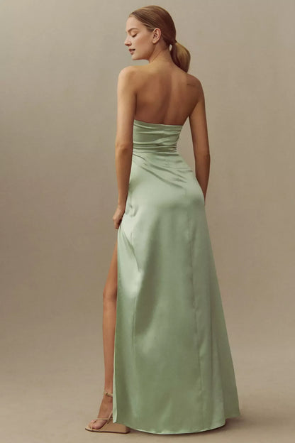 Dress Strapless Side-Slit Satin Sleeveless Prom Dress Sage Minimalist Maxi Dress