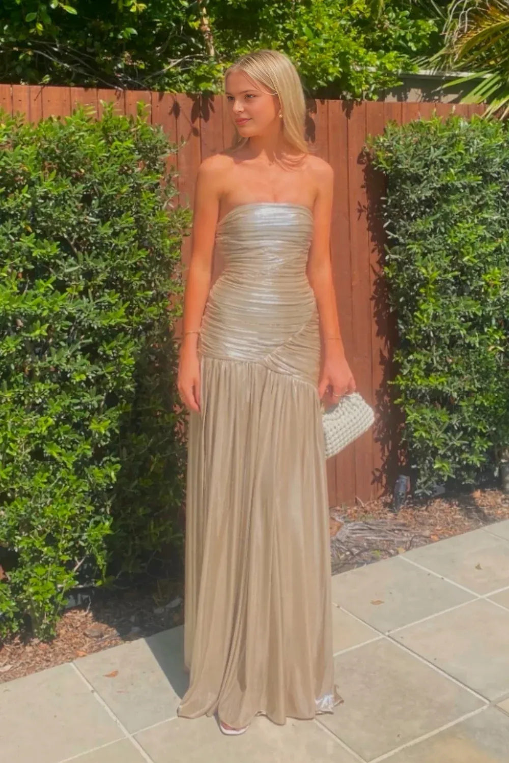 Dress Strapless Silver Pleated Metallic Sleeveless Long Prom Dress