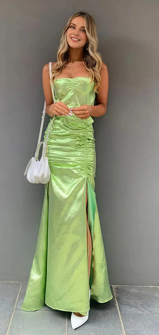 Dress Strapless Sleeveless Green Sheath Long Floor Length Party Dress With Side Slit Prom Dress
