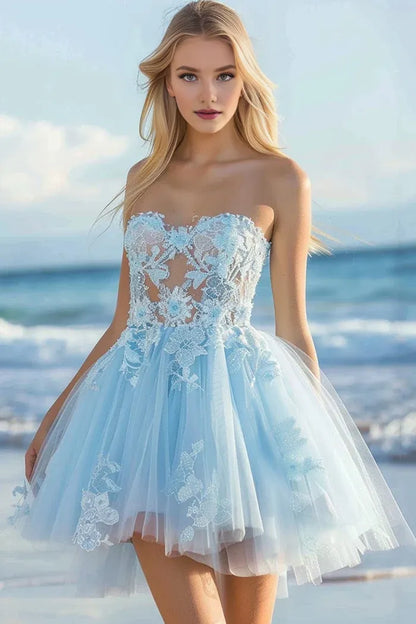 Dress Strapless Tulle Sky Blue Homecoming Dress Appliques Sleeveless Party Dress