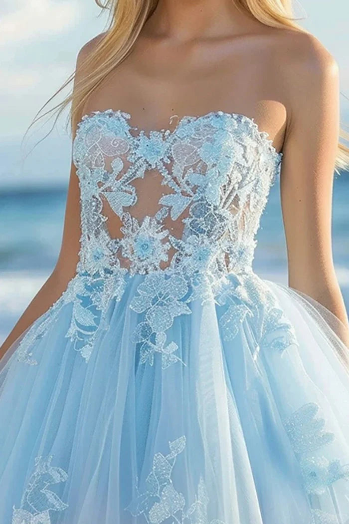 Dress Strapless Tulle Sky Blue Homecoming Dress Appliques Sleeveless Party Dress