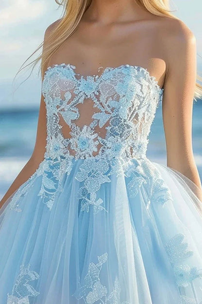 Dress Strapless Tulle Sky Blue Homecoming Dress Appliques Sleeveless Party Dress