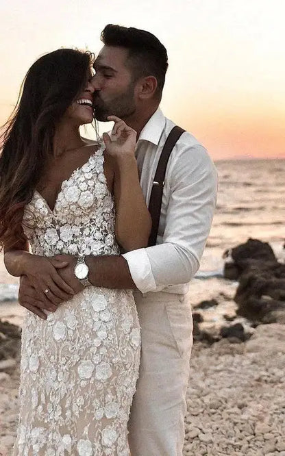 Dress Strapped V-neck Beach Sheath Mermaid Lace Deep-v Back Wedding Dress