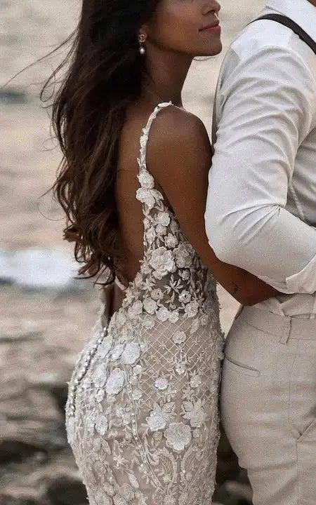 Dress Strapped V-neck Beach Sheath Mermaid Lace Deep-v Back Wedding Dress
