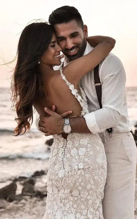 Dress Strapped V-neck Beach Sheath Mermaid Lace Deep-v Back Wedding Dress