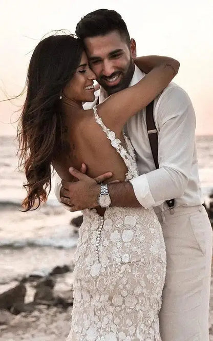 Dress Strapped V-neck Beach Sheath Mermaid Lace Deep-v Back Wedding Dress