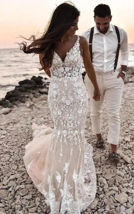 Dress Strapped V-neck Beach Sheath Mermaid Lace Deep-v Back Wedding Dress
