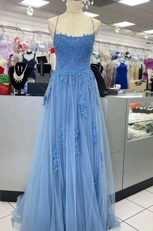 Dress Straps Blue Lace Appliques Long Formal Dress Prom Dress