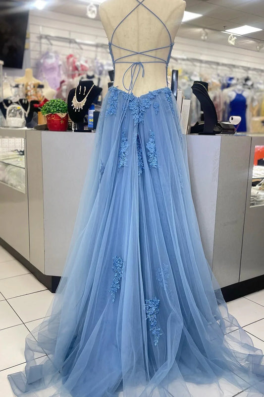 Dress Straps Blue Lace Appliques Long Formal Dress Prom Dress