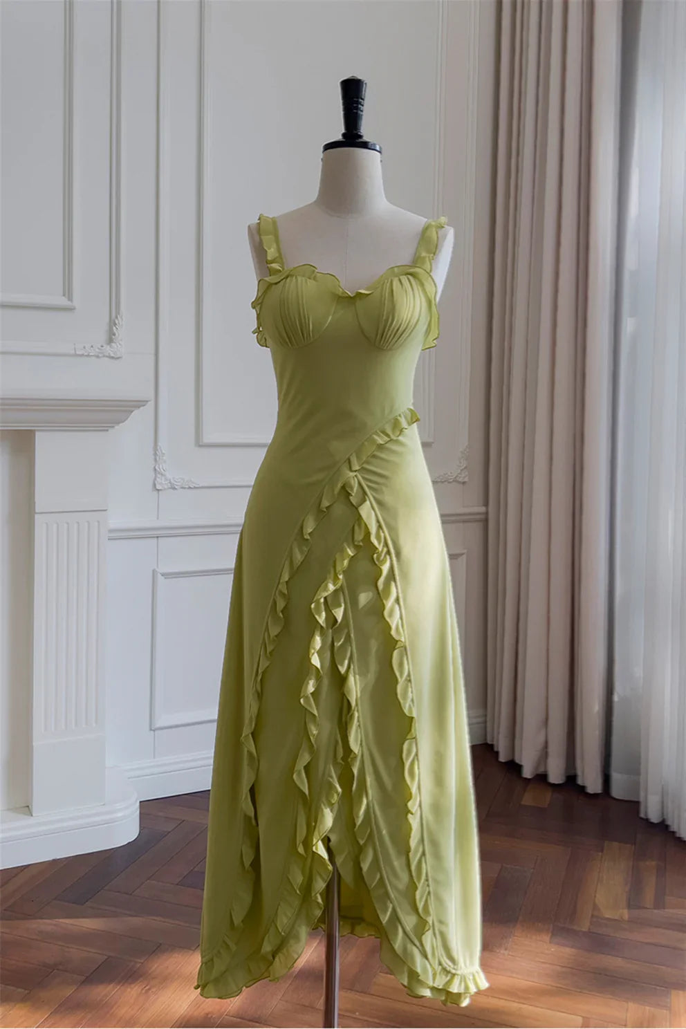 Dress Straps Green Sleeveless Irregular Ruffles Long Dress Prom Dress