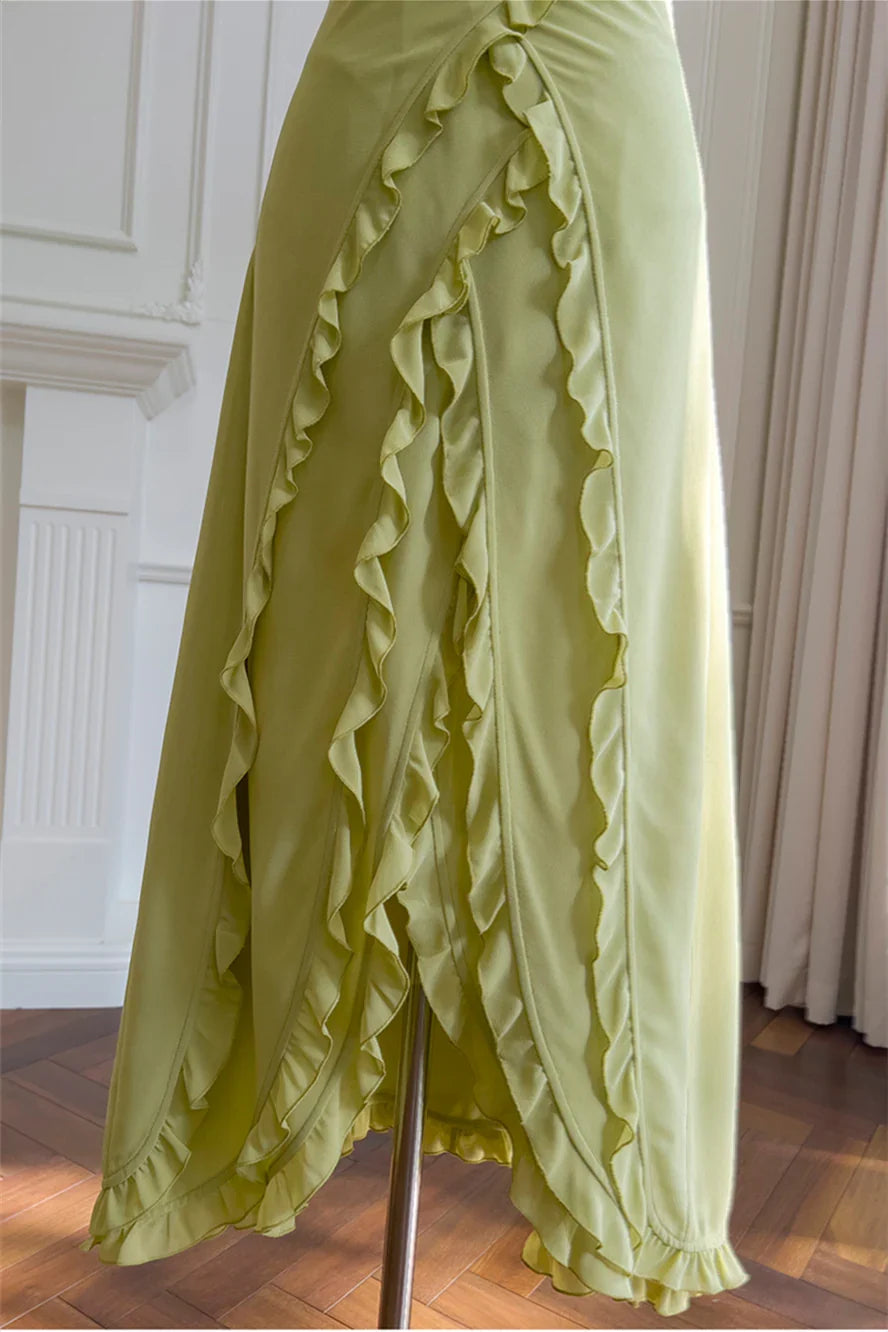 Dress Straps Green Sleeveless Irregular Ruffles Long Dress Prom Dress