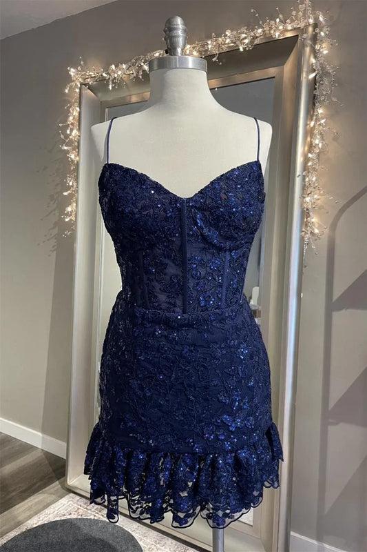 Dress Straps Navy Blue Appliques Ruffle Short Dress Homecoming Dress