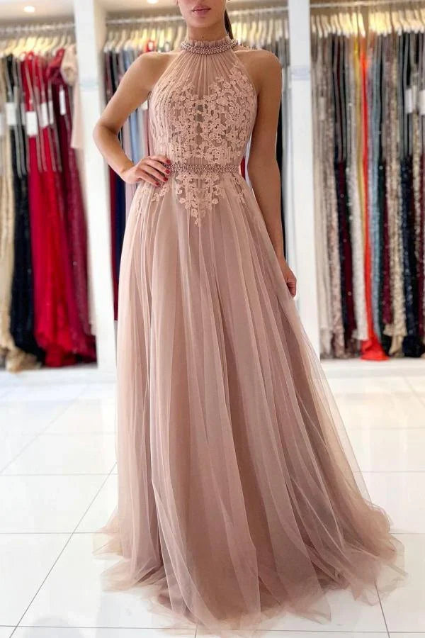 Dress Stunning A-line High Neck Tulle Long Formal Prom Dress with Lace Appliques