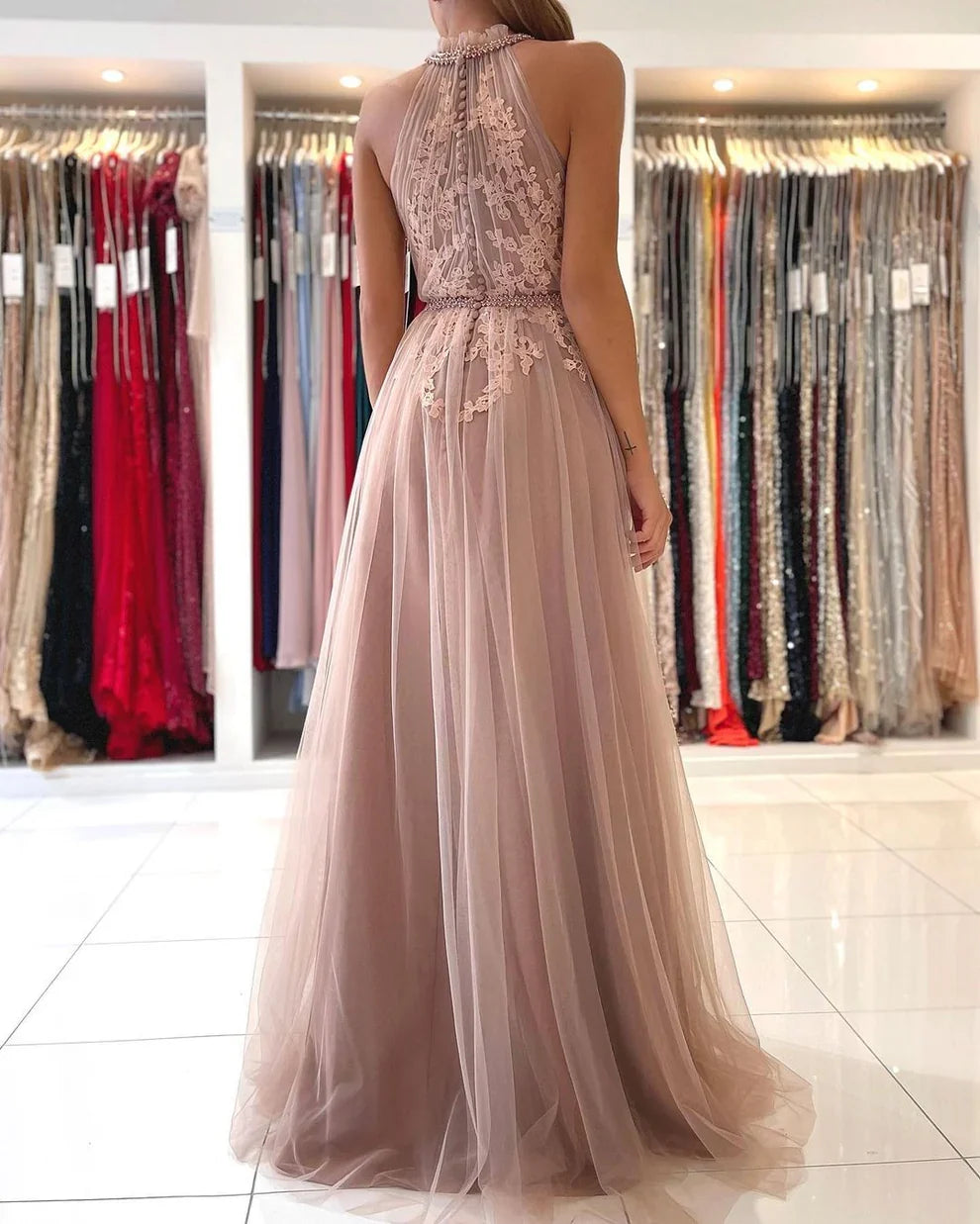 Dress Stunning A-line High Neck Tulle Long Formal Prom Dress with Lace Appliques