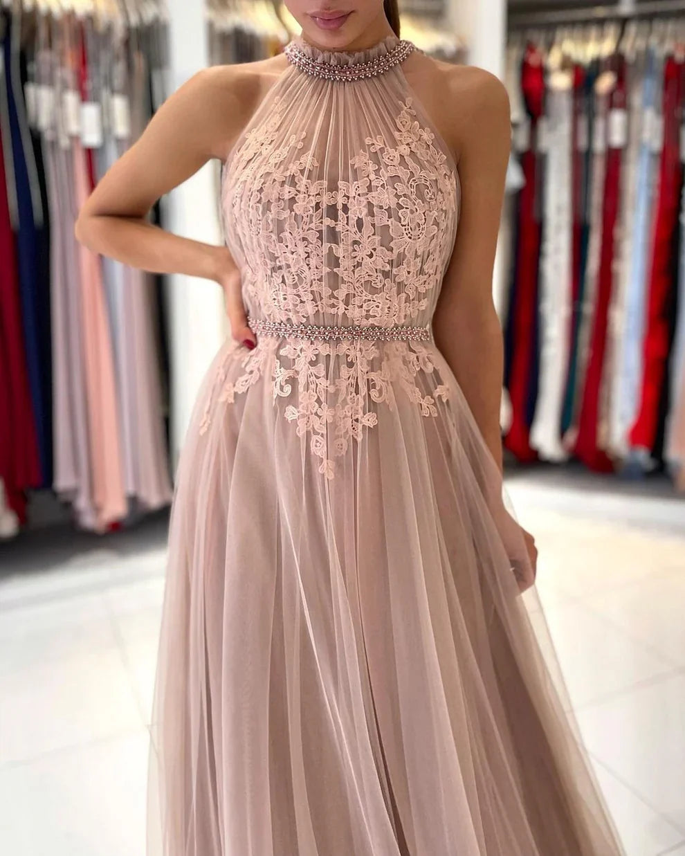 Dress Stunning A-line High Neck Tulle Long Formal Prom Dress with Lace Appliques