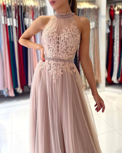 Dress Stunning A-line High Neck Tulle Long Formal Prom Dress with Lace Appliques