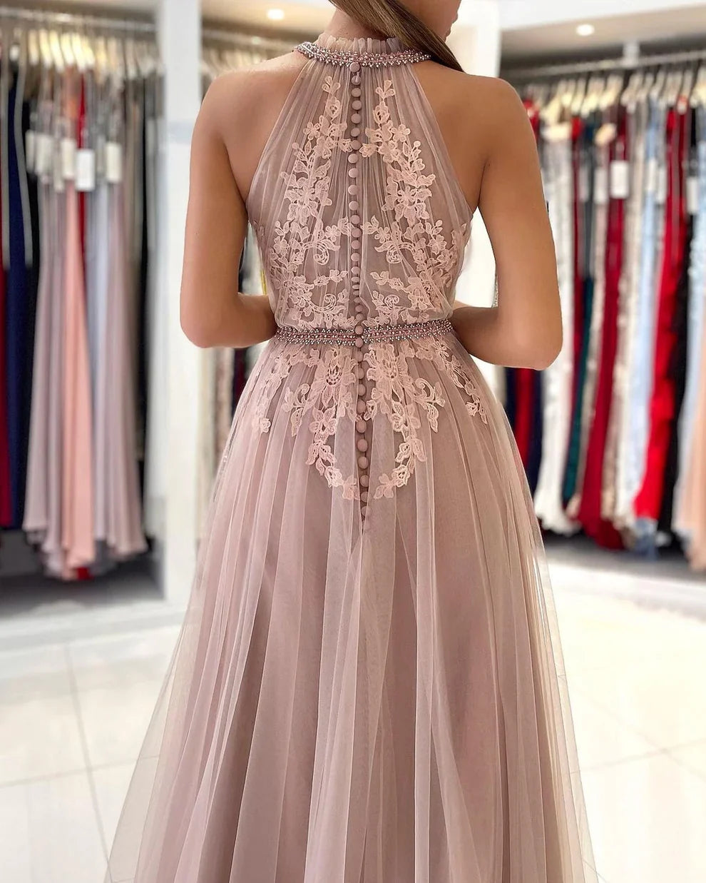 Dress Stunning A-line High Neck Tulle Long Formal Prom Dress with Lace Appliques
