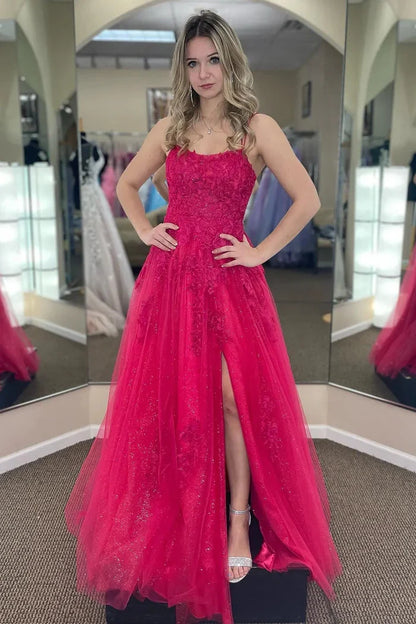 Dress Stunning A Line Spaghetti Straps Fuchsia Prom Dress With Appliques Split Front