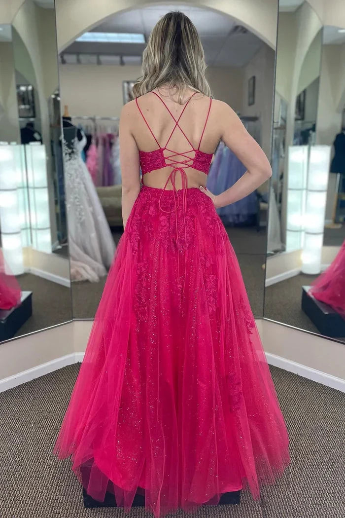Dress Stunning A Line Spaghetti Straps Fuchsia Prom Dress With Appliques Split Front