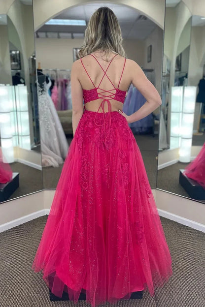 Dress Stunning A Line Spaghetti Straps Fuchsia Prom Dress With Appliques Split Front