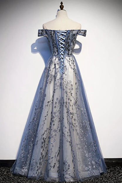 Dress Stunning Blue Tulle Off Shoulder A Line Long Evening Dress With Sleeve Prom Dress