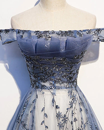 Dress Stunning Blue Tulle Off Shoulder A Line Long Evening Dress With Sleeve Prom Dress