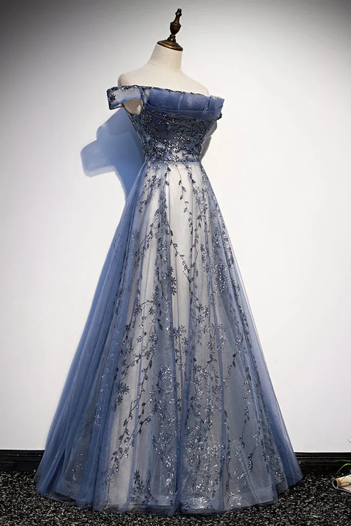 Dress Stunning Blue Tulle Off Shoulder A Line Long Evening Dress With Sleeve Prom Dress