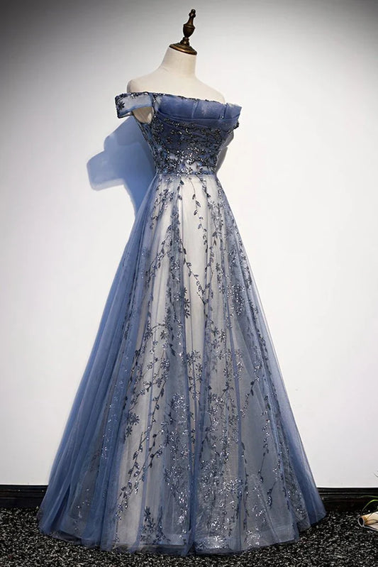 Dress Stunning Blue Tulle Off Shoulder A Line Long Evening Dress With Sleeve Prom Dress