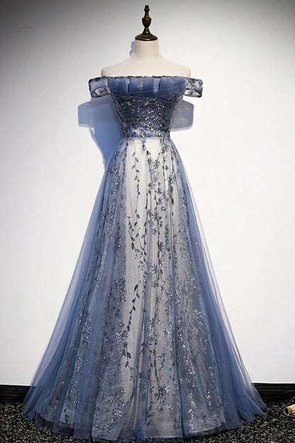 Dress Stunning Blue Tulle Off Shoulder A Line Long Evening Dress With Sleeve Prom Dress