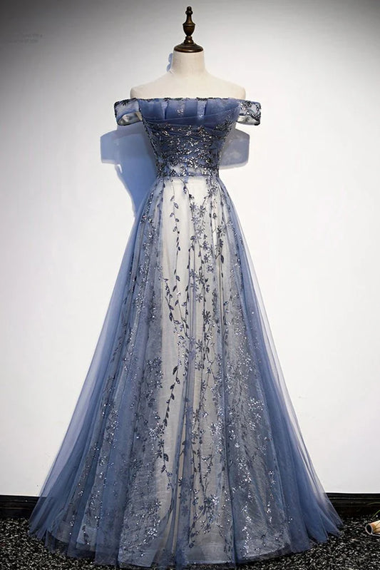 Dress Stunning Blue Tulle Off Shoulder A Line Long Evening Dress With Sleeve Prom Dress