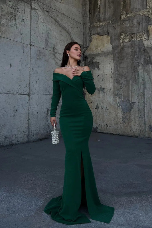 Dress Stunning Dark Green Strapless Long Sleeves Deep V Neck Mermaid Evening Dress with Split Prom Dress