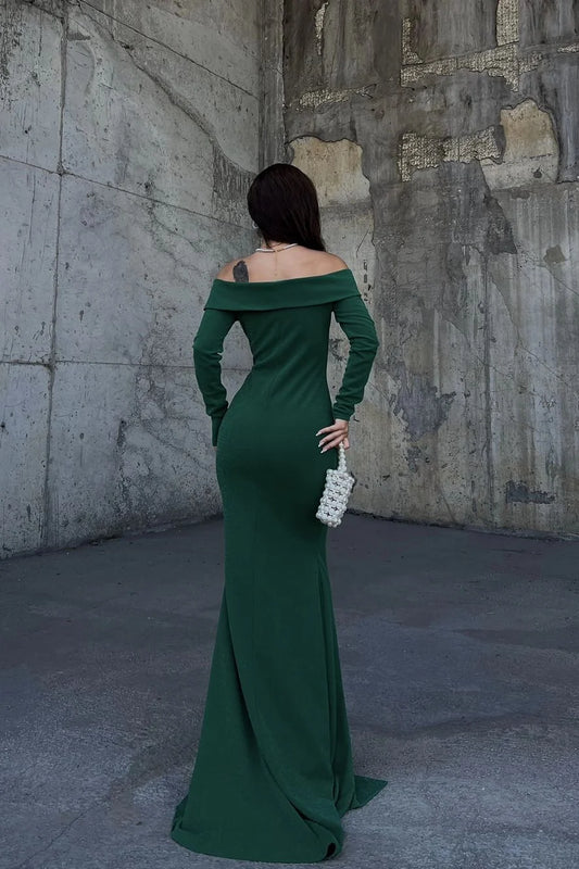 Dress Stunning Dark Green Strapless Long Sleeves Deep V Neck Mermaid Evening Dress with Split Prom Dress