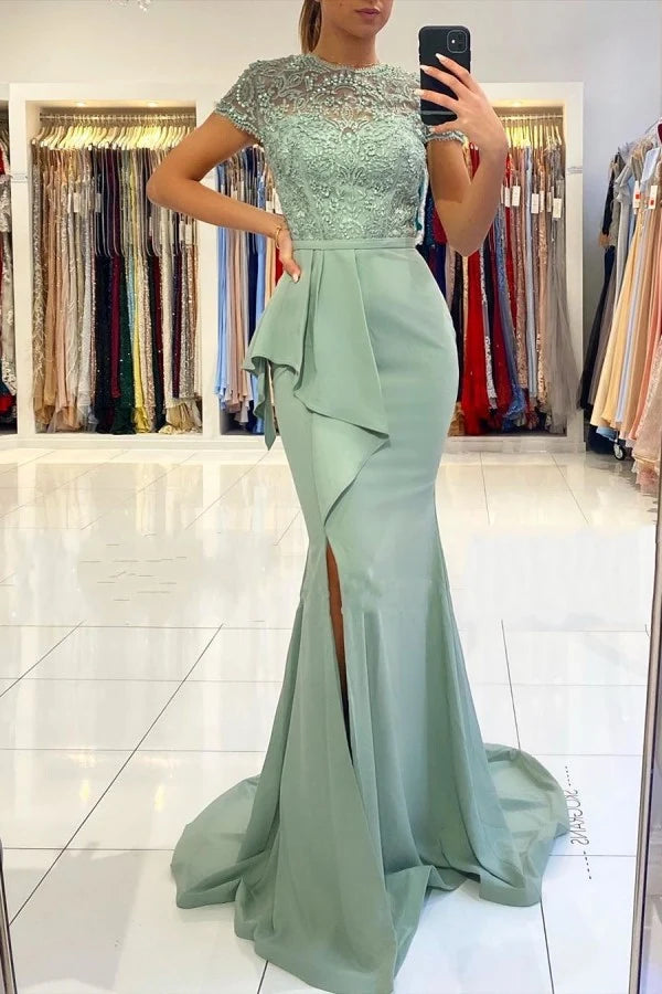 Dress Stunning Mermaid Short Sleeves Lace Evening Dress Sweep/Brush Train with Split Prom Dress