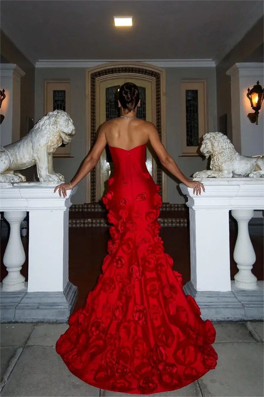 Dress Stunning Red Satin Sleeveless Strapless Maxi Dress Mermaid Prom Dress Wth Flower