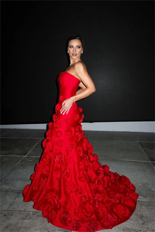 Dress Stunning Red Satin Sleeveless Strapless Maxi Dress Mermaid Prom Dress Wth Flower