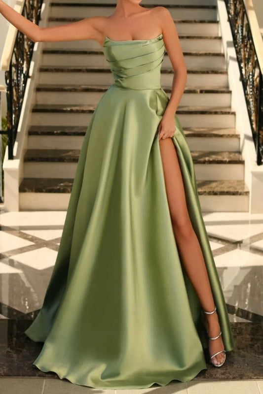 Dress Stunning Sage Green A-Line Strapless Long Satin Prom Dress with Slit