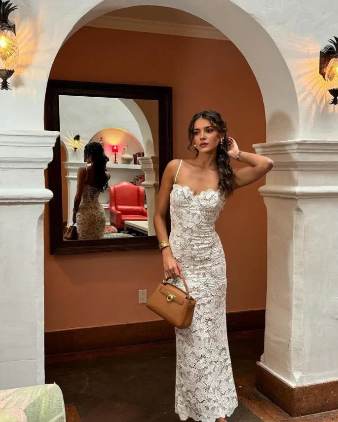Dress Stunning Sheath Spaghetti Strap White Lace Long Prom Dress Evening Dress Party Dress