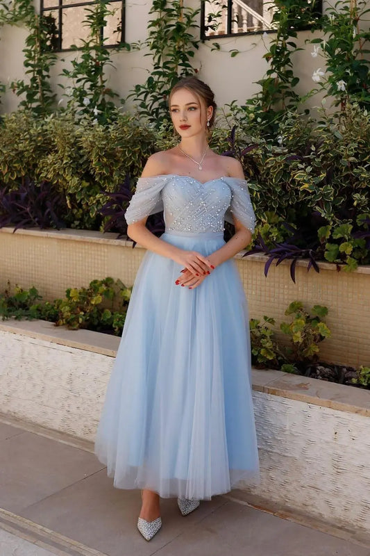 Dress Stunning Sky Blue Tulle Strapless Off the Shoulder A Line Prom Dress with Beadings Maxi Dress