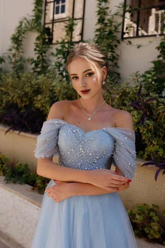 Dress Stunning Sky Blue Tulle Strapless Off the Shoulder A Line Prom Dress with Beadings Maxi Dress