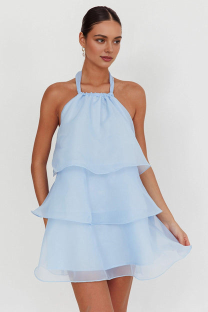 Dress Stunning Tiered Halterneck Mini Dress White Sleeveless Cold Shoulder Homecoming Dress