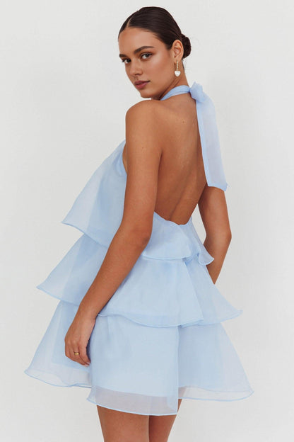Dress Stunning Tiered Halterneck Mini Dress White Sleeveless Cold Shoulder Homecoming Dress