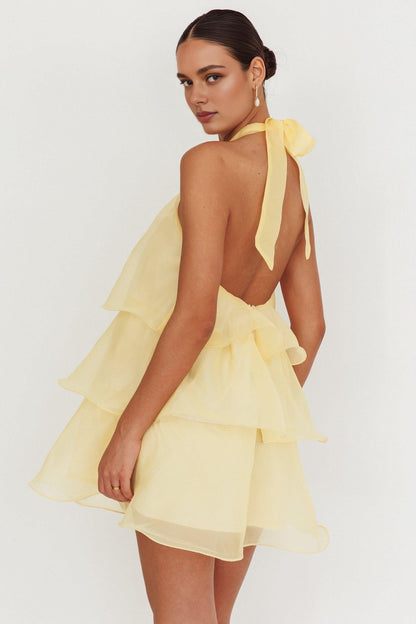Dress Stunning Tiered Halterneck Mini Dress White Sleeveless Cold Shoulder Homecoming Dress
