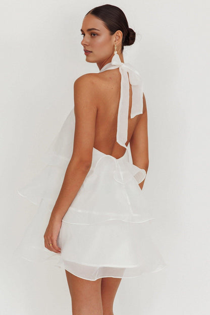 Dress Stunning Tiered Halterneck Mini Dress White Sleeveless Cold Shoulder Homecoming Dress
