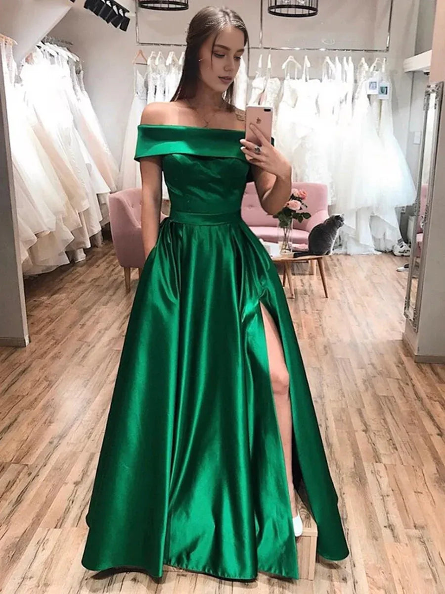 Dress Stylish A-line Off the Shoulder Satin Long Formal Prom Dresses with Side Slit