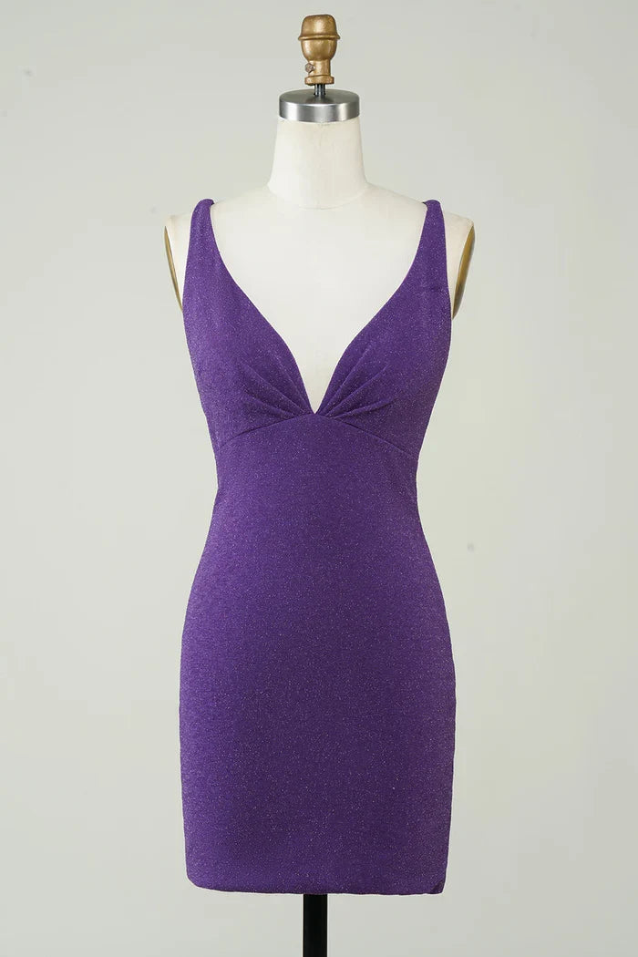 Dress Stylish Deep V Neck Purple Short Homecoming Dress Sleeveless Criss Cross Back Party Dress