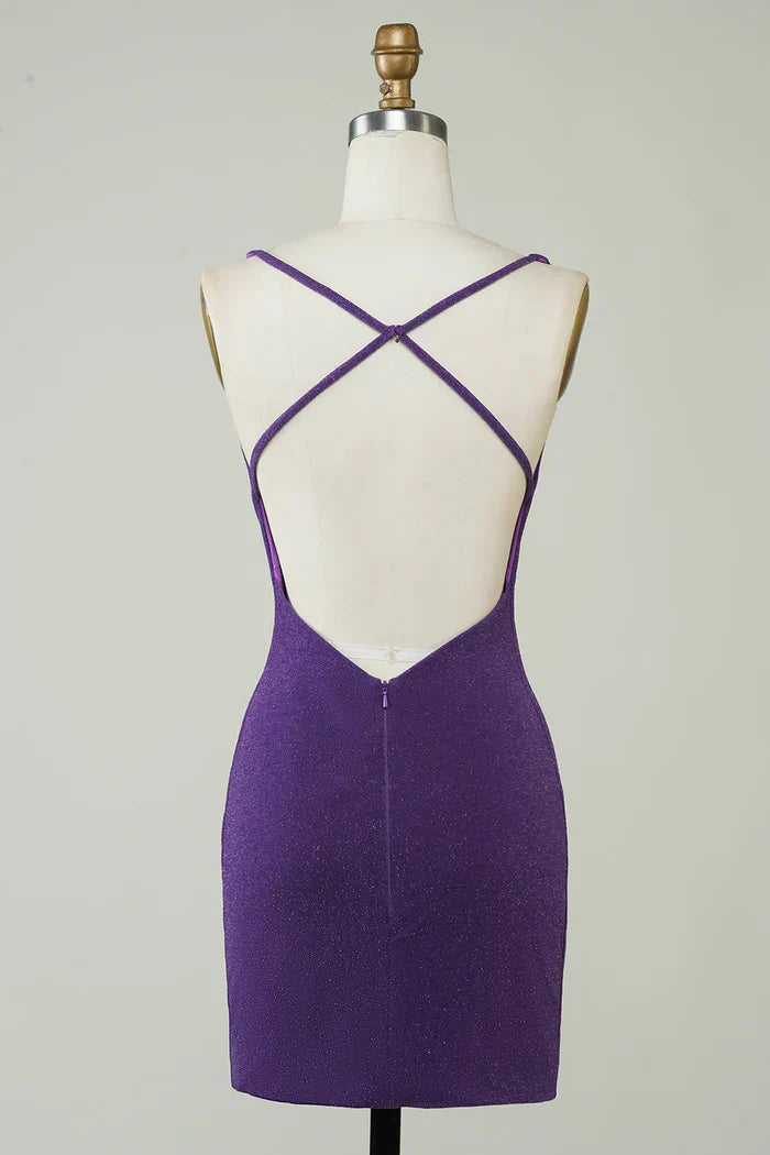 Dress Stylish Deep V Neck Purple Short Homecoming Dress Sleeveless Criss Cross Back Party Dress