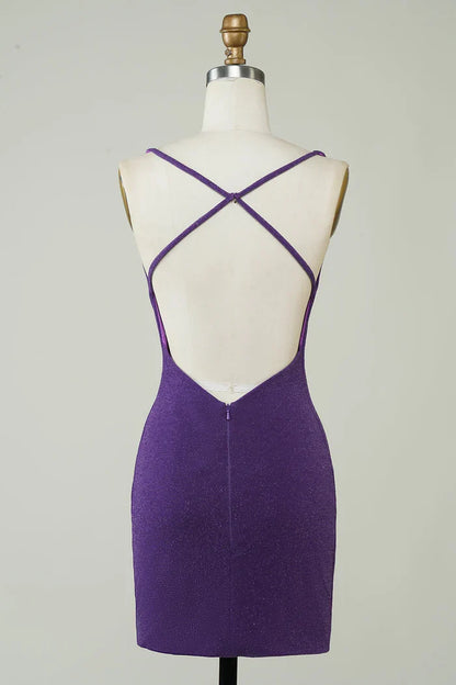 Dress Stylish Deep V Neck Purple Short Homecoming Dress Sleeveless Criss Cross Back Party Dress