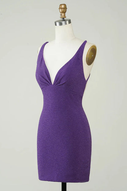 Dress Stylish Deep V Neck Purple Short Homecoming Dress Sleeveless Criss Cross Back Party Dress